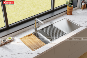 chậu rửa bát inox Topmount KN11650TD vòi rửa bát dây rút KN1337-1