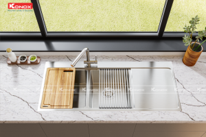 chậu rửa bát inox Topmount KN11650TD vòi rửa bát dây rút KN1337-13